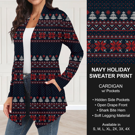 B253 - Preorder Navy Holiday Sweater Print Cardigan w/ Pockets (Closes 9/28. ETA: late Nov.)