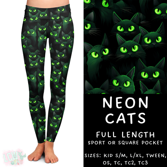 Ready To Ship - Neon Cats Full Length Leggings - Sport Pocket OS