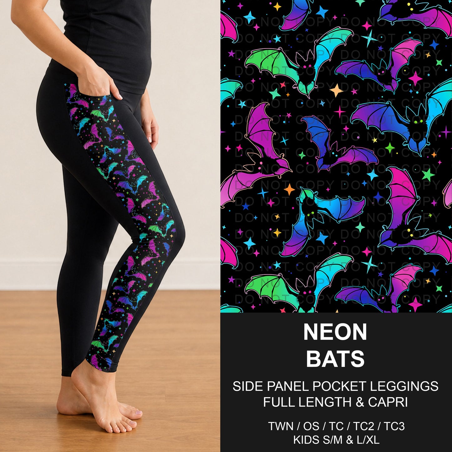 B297 - Preorder Neon Bats Side Panel Pocket Leggings (Closes 6/28. ETA: early Sept.)