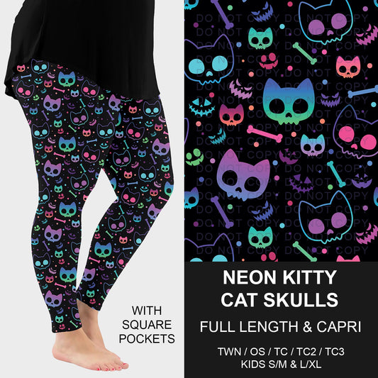 B297 - Preorder Neon Kitty Cat Skulls Leggings w/ Pockets (Closes 6/28. ETA: early Sept.)