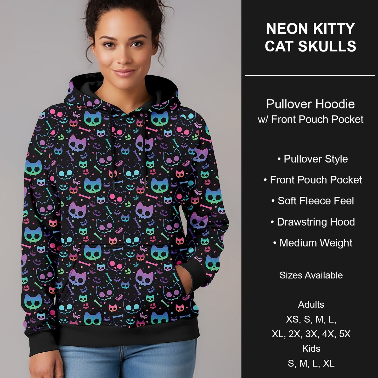 B297 - Preorder Neon Kitty Cat Skulls Pullover Hoodie (Closes 6/28. ETA early Sept.)