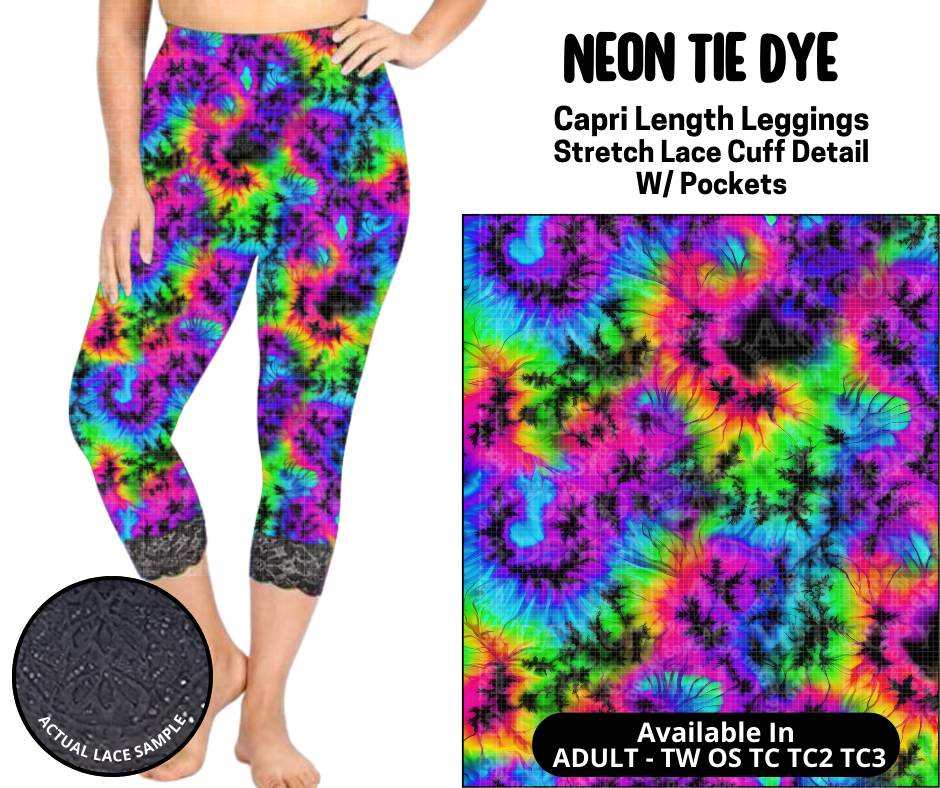 Preorder! Closes 5/12. ETA August. Neon Tie Dye Lace Cuff Capris w/ Pockets