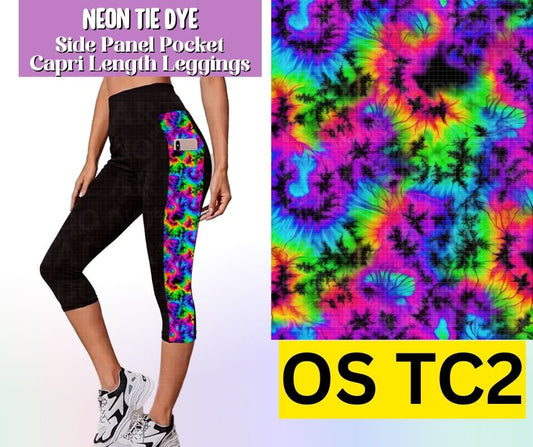 Neon Tie Dye Side Panel Pocket Capri Length Leggings