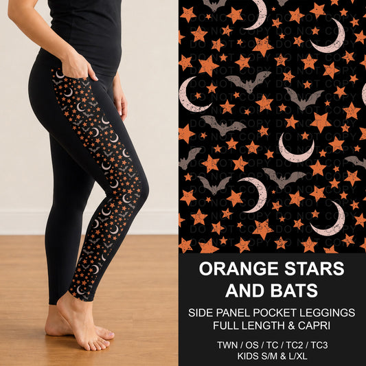 B305 - Preorder Orange Stars and Bats Side Panel Pocket Leggings (Closes 8/02. ETA: early Oct.)