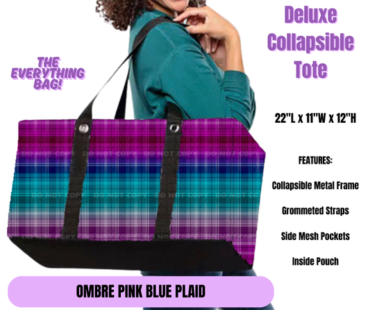 Preorder! Closes 5/19. ETA August. Ombre Pink Blue Plaid Collapsible Tote
