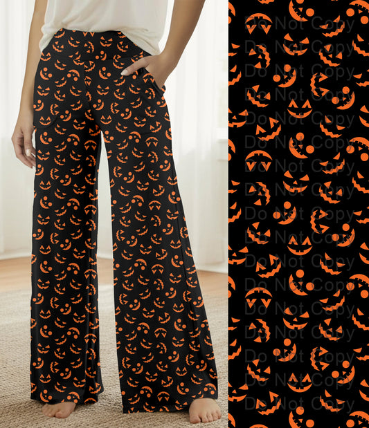 RTS - Orange Pumpkin Faces Halloween Lounge Pants with Pockets