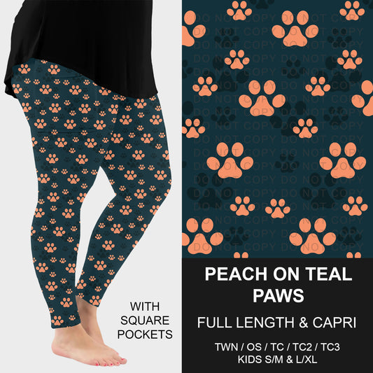 B310 - Preorder Peach on Teal Paws Leggings w/ Pockets (Closes 8/30. ETA: late Oct.)
