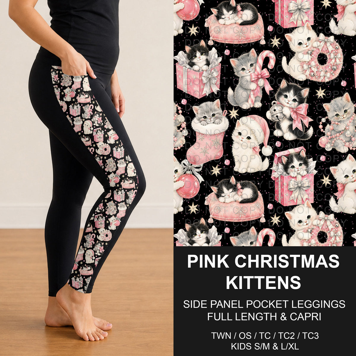 B313 - Preorder Pink Christmas Kittens Side Panel Pocket Leggings (Closes 9/20. ETA: late Nov.)
