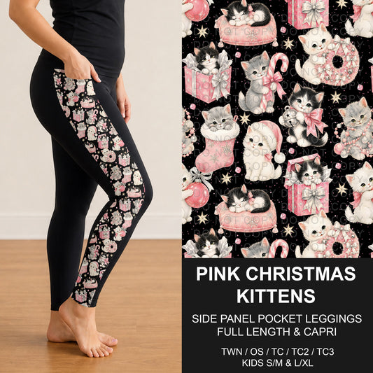 B313 - Preorder Pink Christmas Kittens Side Panel Pocket Leggings (Closes 9/20. ETA: late Nov.)