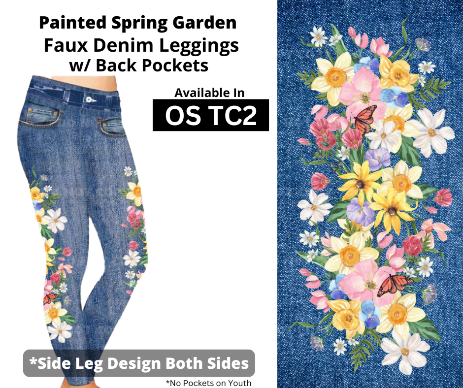 Painted Spring Garden Full Length Faux Denim w/ Side Leg Designs