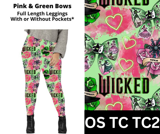 Pink & Green Bows Full Length Leggings w/ Pockets