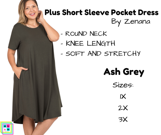 PLUS Short Sleeve Pocket Dress - Ash Grey