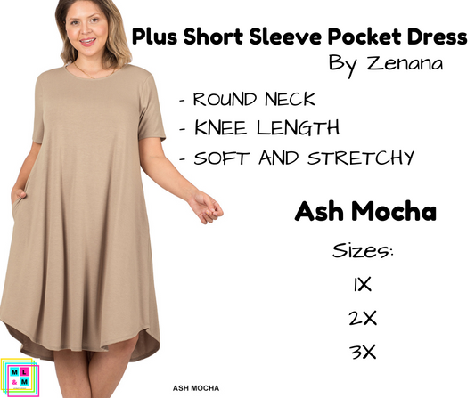 PLUS Short Sleeve Pocket Dress - Ash Mocha