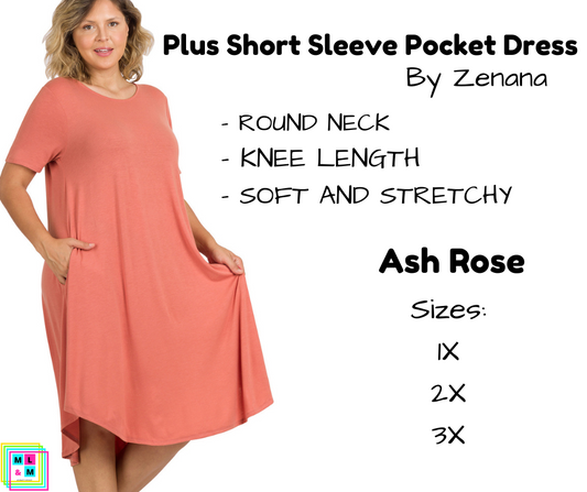 PLUS Short Sleeve Pocket Dress - Ash Rose