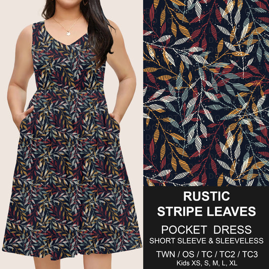 B302 - Preorder Rustic Stripe Leaves Pocket Dress (Closes 7/24. ETA: early Oct)