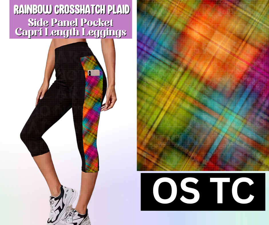 Rainbow Crosshatch Plaid Side Panel Pocket Capri Length Leggings