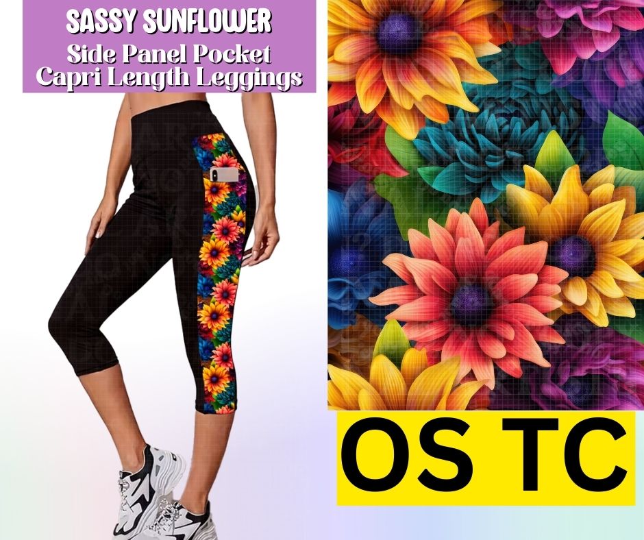 Sassy Sunflower Side Panel Pocket Capri Length Leggings