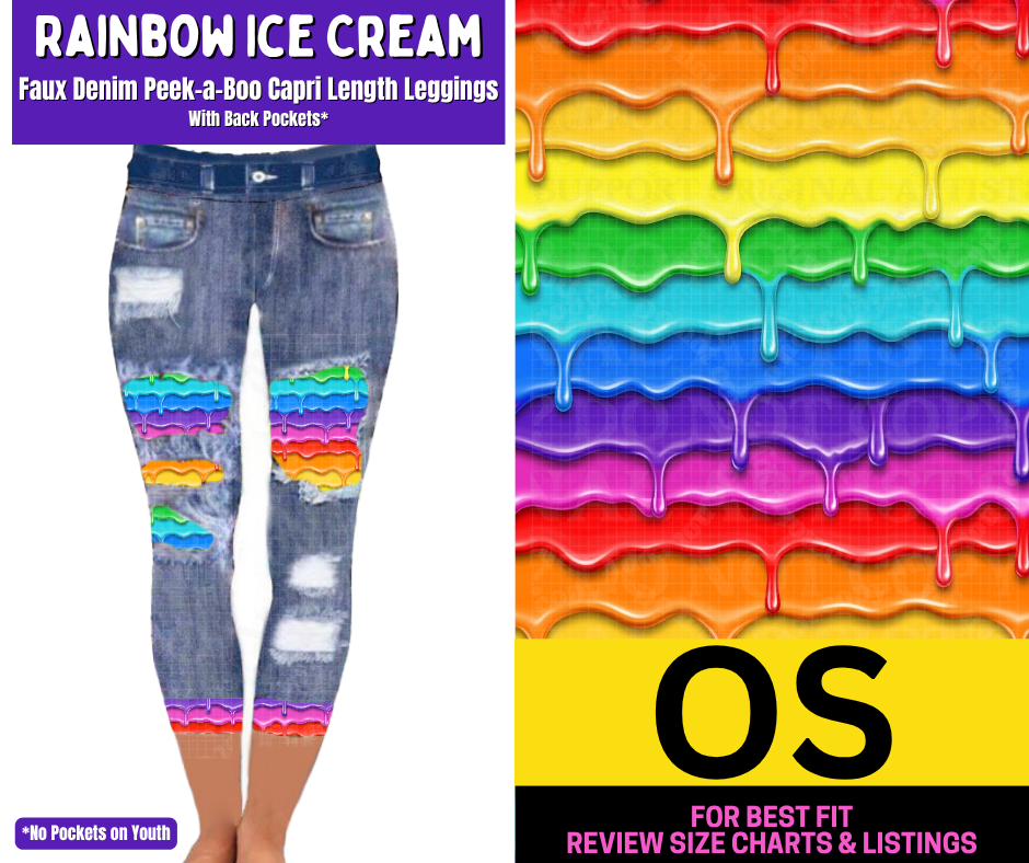 Rainbow Ice Cream Capri Faux Denim Peekaboo - Alonna's Legging Land