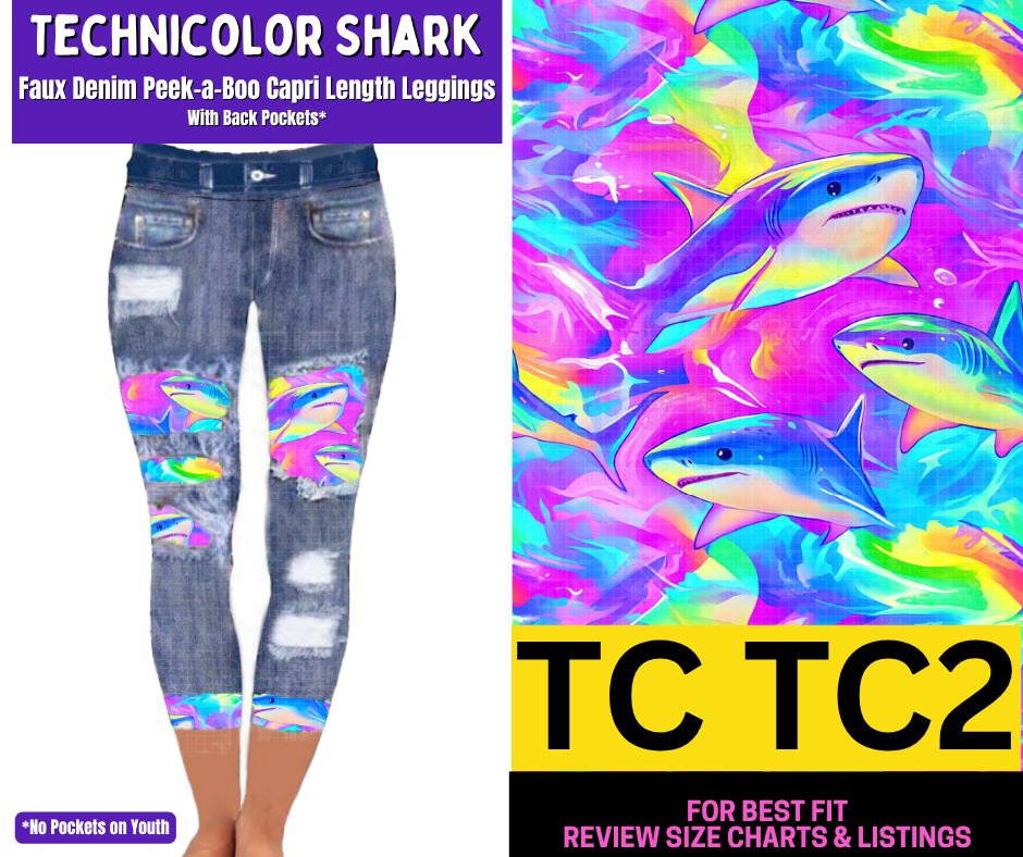 Technicolor Shark Capri Faux Denim Peekaboo - Alonna's Legging Land