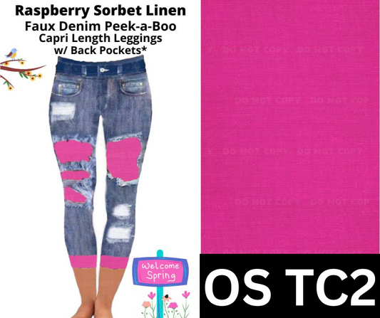 Raspberry Sorbet Linen Capri Faux Denim Peekaboo