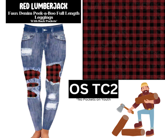 Red Lumberjack Faux Denim Full Length Peekaboo Leggings