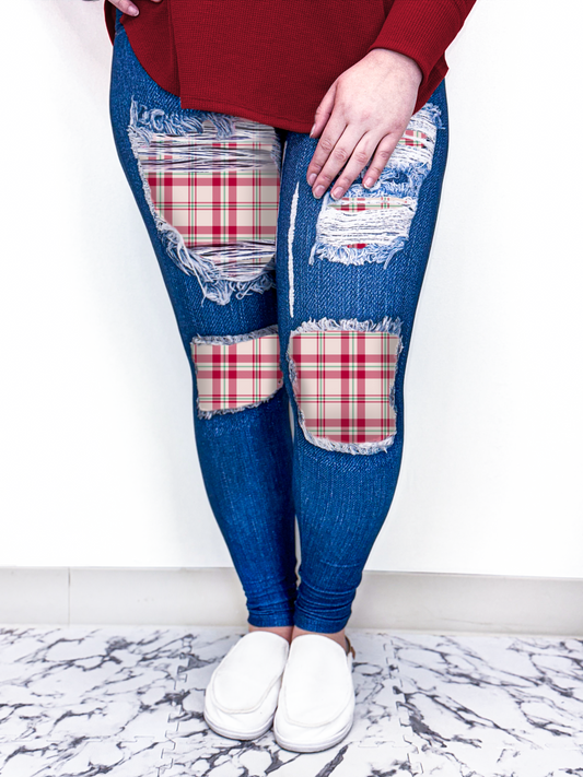 Red Plaid Denim Leggings w/ Back Pockets - Alonna's Legging Land