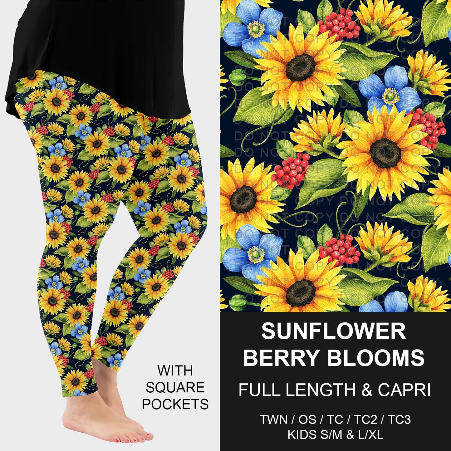 B298 - Preorder Sunflower Berry Blooms Leggings w/ Pockets (Closes 7/05. ETA: early Sept.)