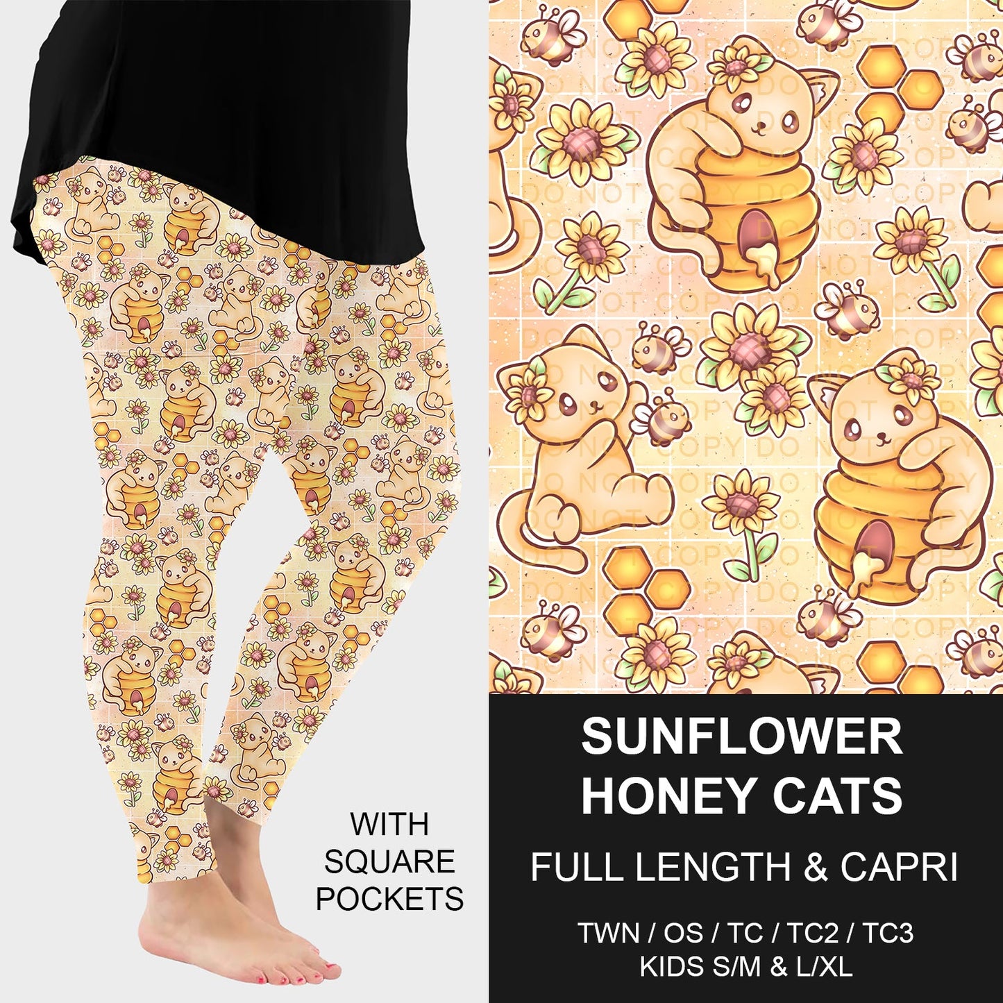 B267 - Preorder Sunflower Honey Cats Leggings w/ Pockets (Closes 12/21. ETA: late Feb.)