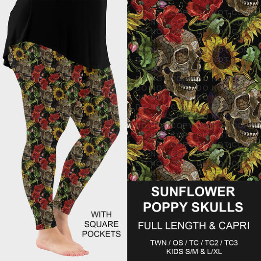 B296 - Preorder Sunflower Poppy Skulls Leggings w/ Pockets (Closes 6/21. ETA: late Aug.)