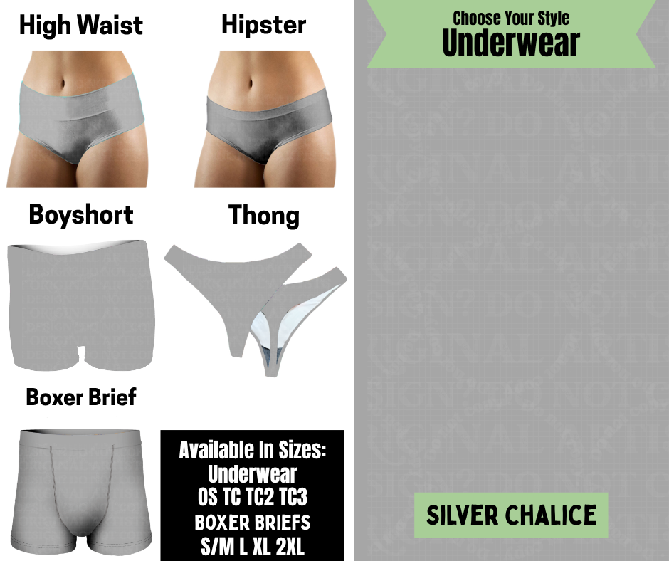 Preorder! Closes 11/24. ETA Jan. Silver Chalice Hipster, High Waist, Boyshort, & Thong Underwear & Boxer Briefs