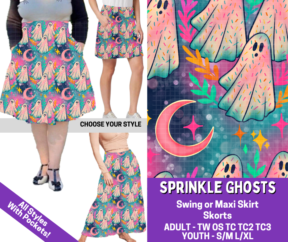 Preorder! Closes 5/27. ETA Aug. Sprinkle Ghosts Combo Skort/Skirt Lengths