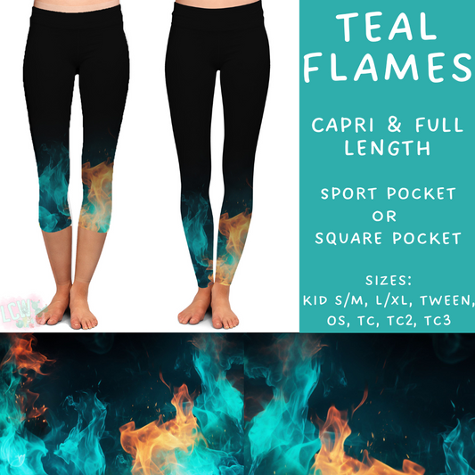 Ready To Ship - Teal Flames Full Length Leggings - Sport Pocket