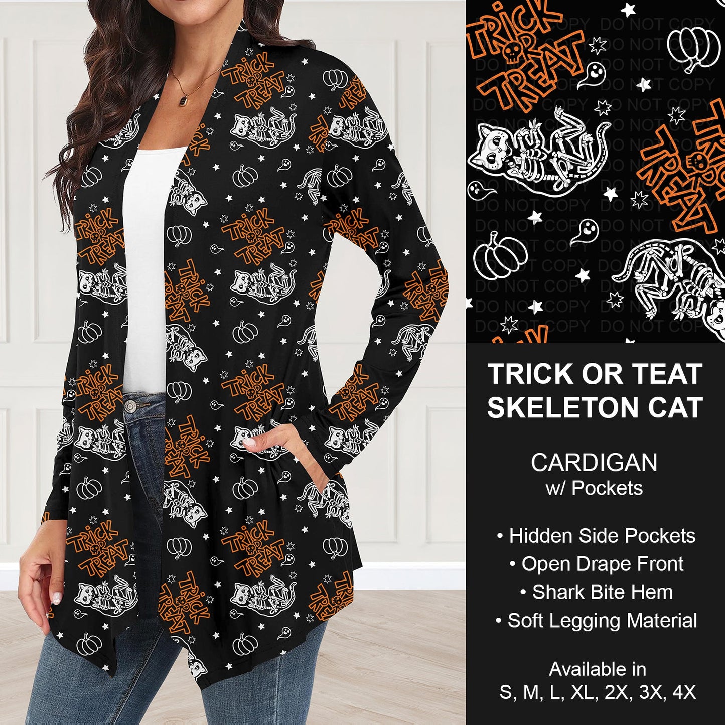 B295 - Preorder Trick or Treat Skele Cat Cardigan w/ Pockets (Closes 6/14. ETA: late Aug.)