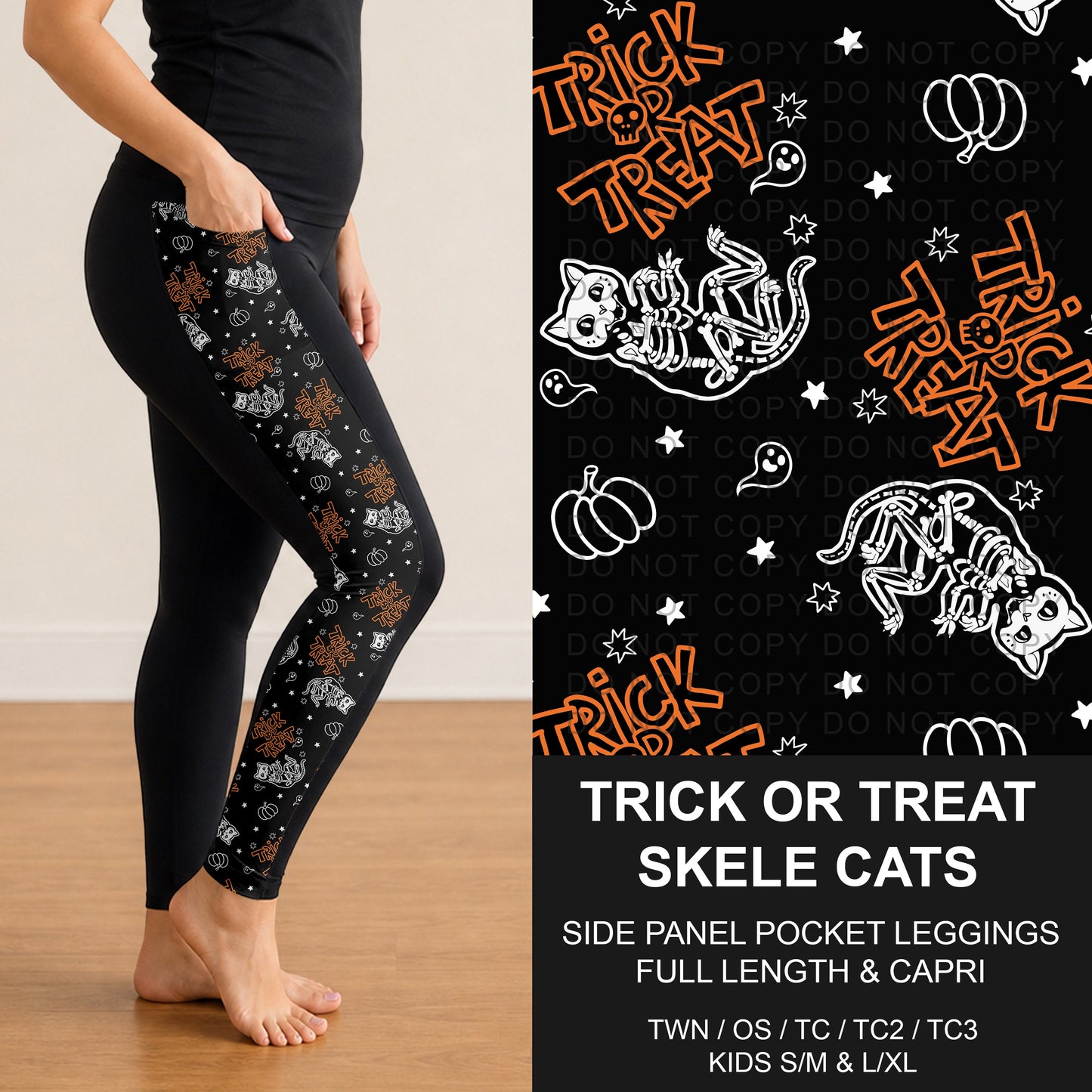 B295 - Preorder Trick or Treat Skele Cat Side Panel Pocket Leggings (Closes 6/14. ETA: late Aug.)