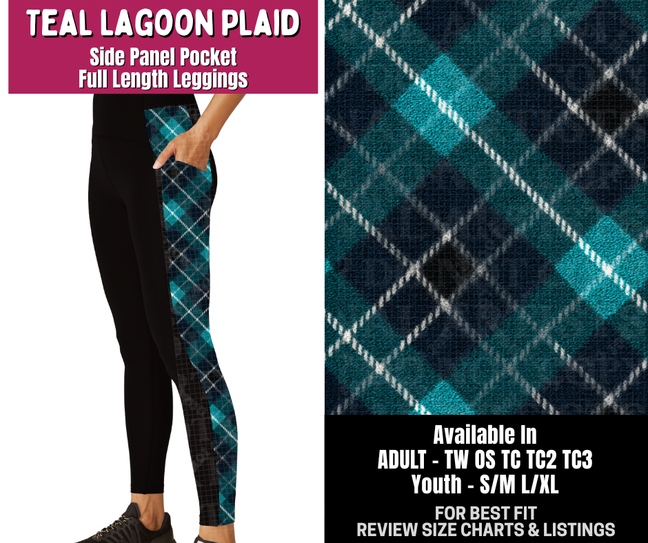 Preorder! Closes 8/6. ETA Nov. Teal Lagoon Plaid Side Panel Pocket Full Length Leggings