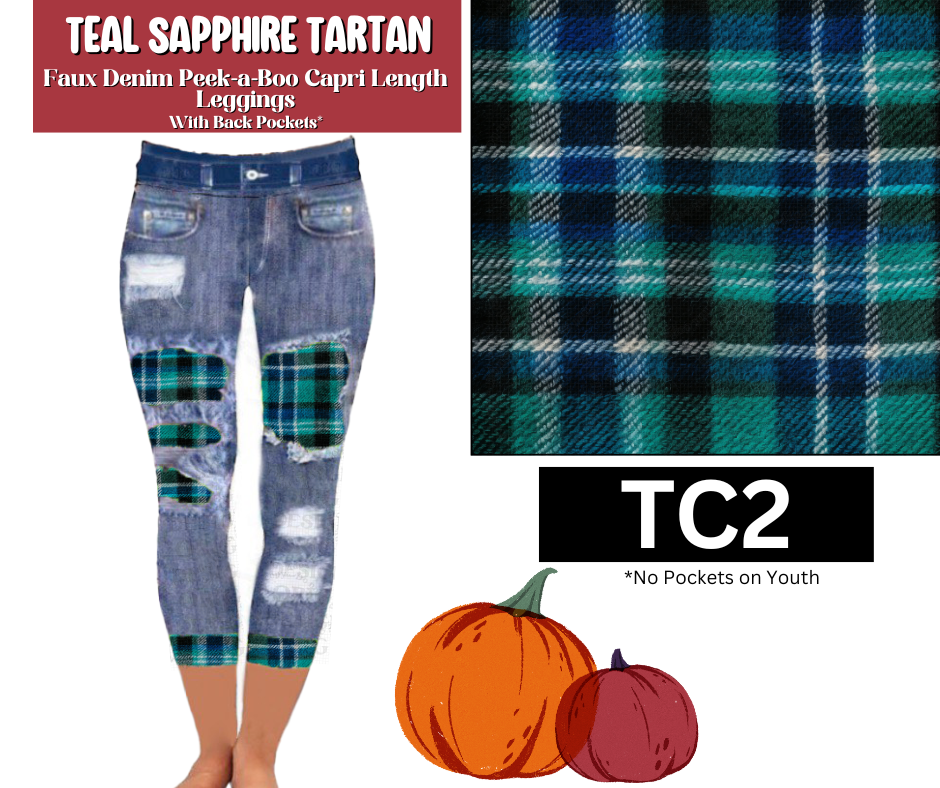 Teal Sapphire Tartan Capri Faux Denim Peekaboo