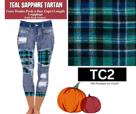 Teal Sapphire Tartan Capri Faux Denim Peekaboo