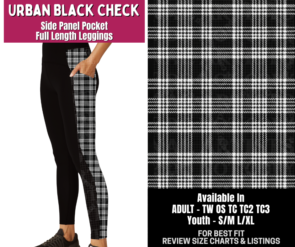 Preorder! Closes 8/6. ETA Nov. Urban Black Check Side Panel Pocket Full Length Leggings