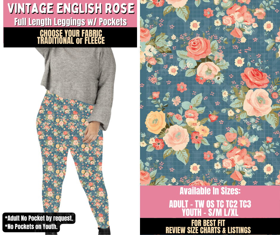 Preorder! Closes 10/15. ETA Jan. Vintage English Rose Leggings Choose Fleece or Traditional