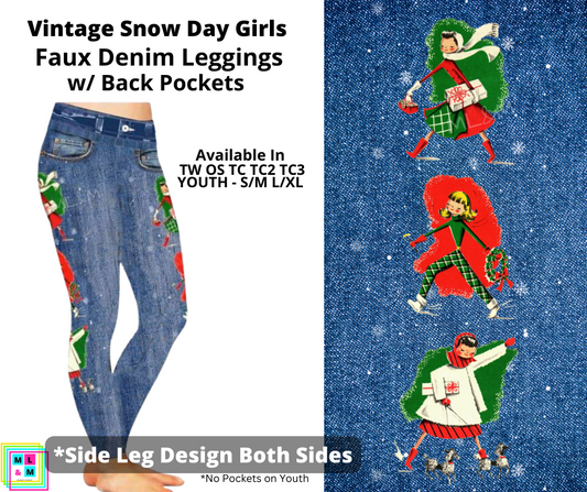 Vintage Snow Day Girls Full Length Faux Denim w/ Side Leg Designs - Alonna's Legging Land