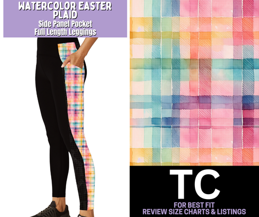 Watercolor Easter Plaid Side Panel Pocket Full Length Leggings