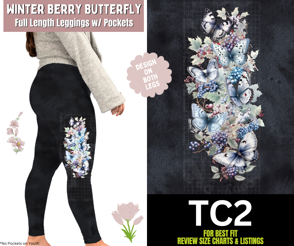 Winter Berry Butterfly Watercolor Full Length Leggings w/ Side Leg Designs