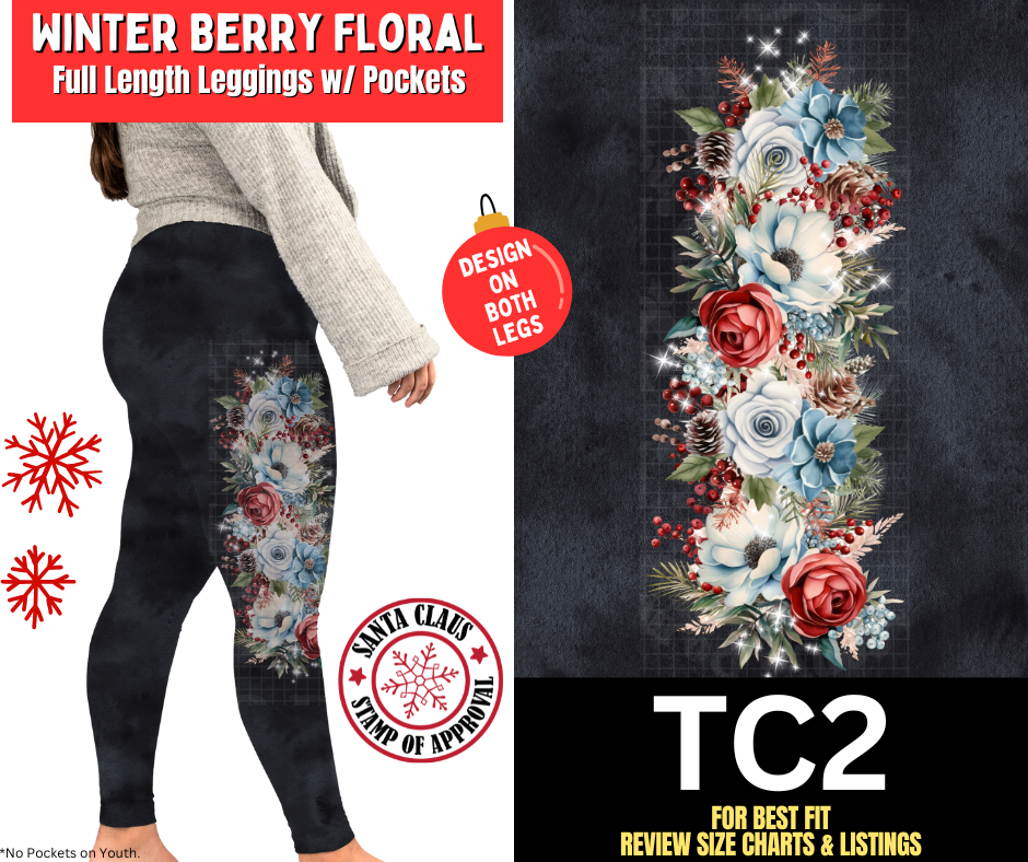 Winter Berry Floral Watercolor Full Length Leggings w/ Side Leg Designs