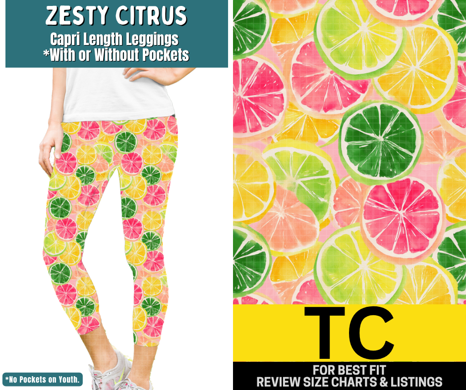 Zesty Citrus Capri Length Leggings w/ Pockets