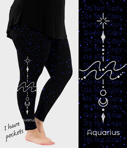 RTS - Aquarius Zodiac Sign Side Design Leggings w/ Pockets
