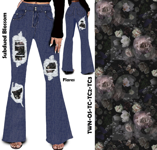 Subdued Blossom Peek A Boo Faux Denim Yoga Flares with Pockets