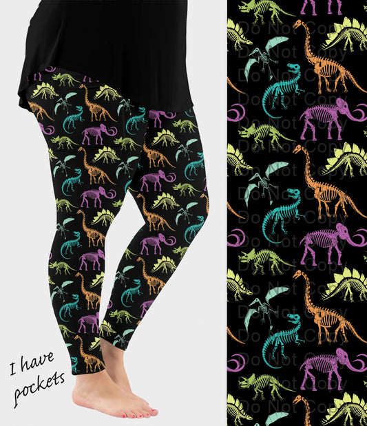RTS - Colorful Dinosaur Skeletons Leggings with Pockets