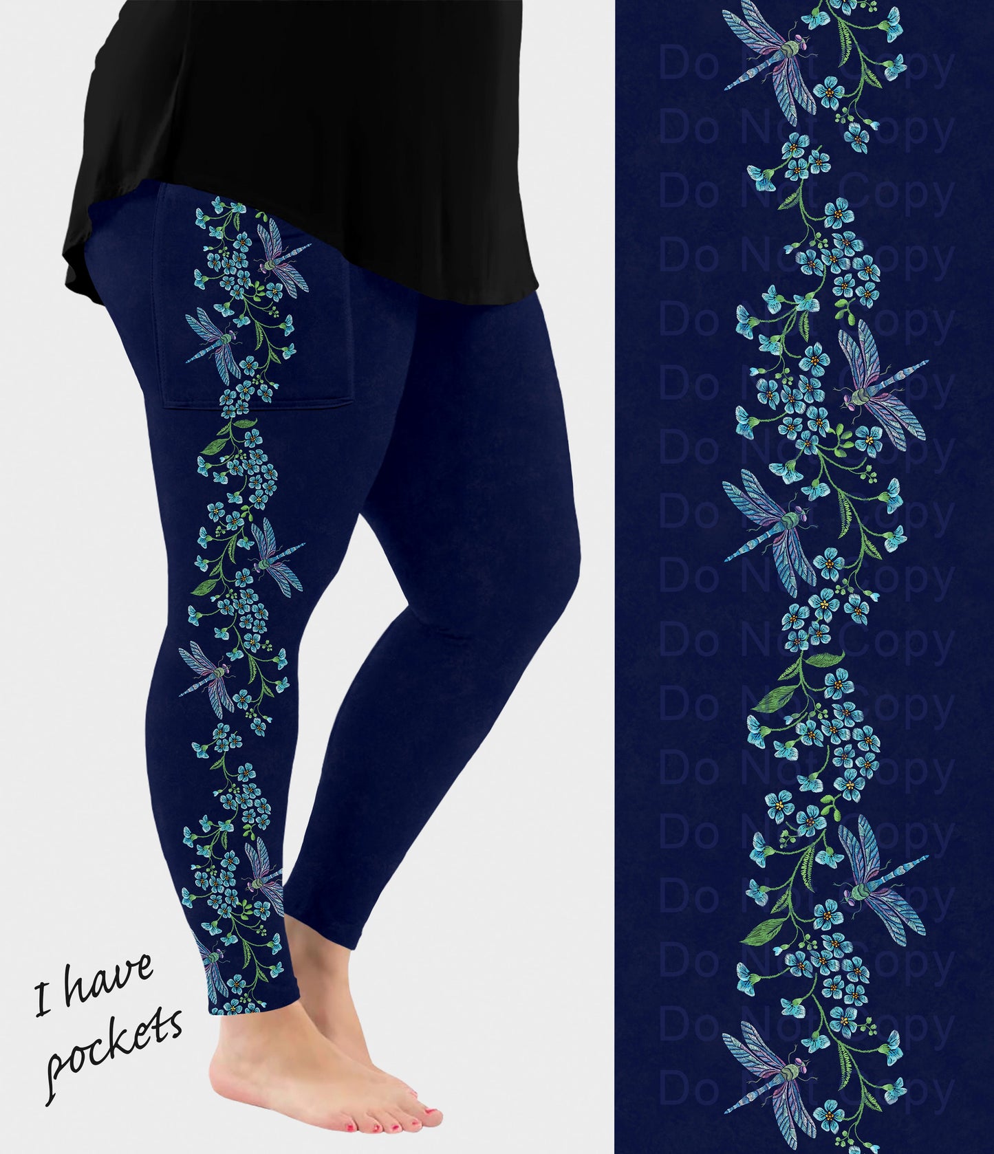 RTS - Dragonfly Vine Side Design Leggings w/ Pockets