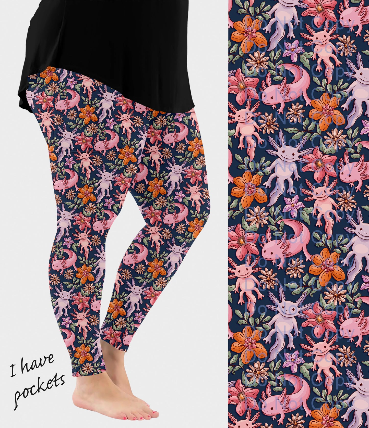 RTS - Floral Axolotl Leggings w/ Pockets - Alonna's Legging Land