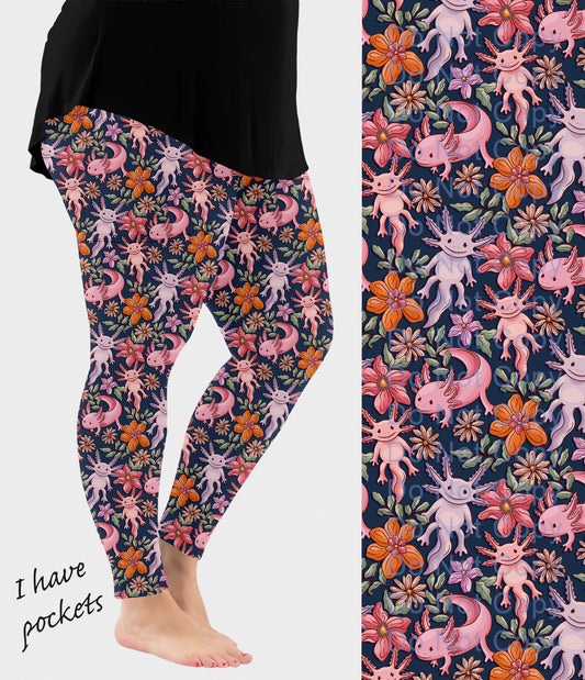RTS - Floral Axolotl Leggings w/ Pockets - Alonna's Legging Land